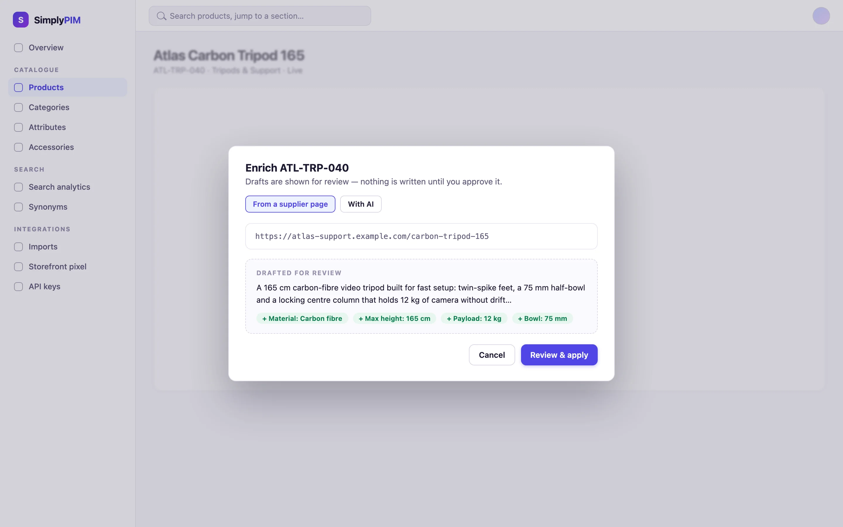 Illustration of SimplyPIM's Enrich dialog: reading a supplier page or drafting with AI, with the description and attributes shown for review before anything is written