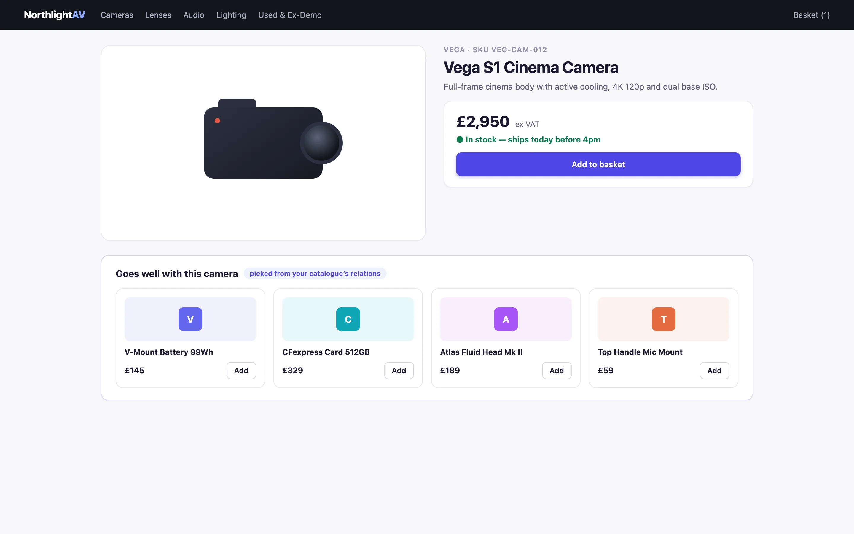 Illustration of a retailer product page with the SimplyPIM pixel installed, showing a goes-well-with strip of recommended accessories picked from the catalogue's relations